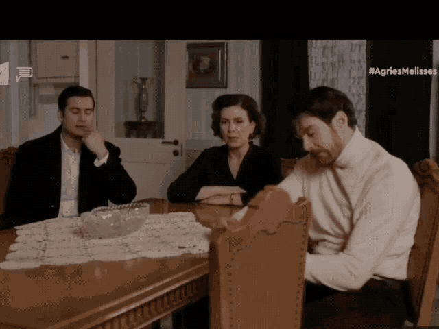 a group of people sitting at a table with #agnesmelissoes written on the bottom of the screen