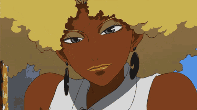 a cartoon drawing of a woman with a large afro and earrings
