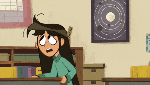 a cartoon of a girl with long hair standing in front of a wall with a picture of the solar system on it