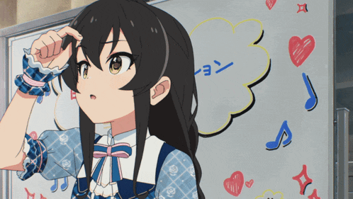 a girl scratches her head in front of a white board with hearts and music notes written on it