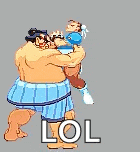 a pixel art of a sumo wrestler with a gun and the word lol on the bottom .
