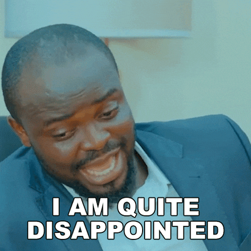 a man in a suit says " i am quite disappointed " on a blue background