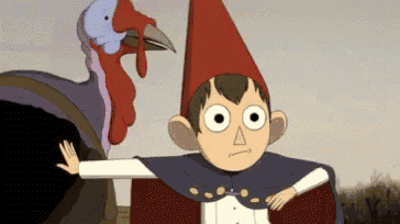 a boy in a gnome hat is standing next to a turkey .