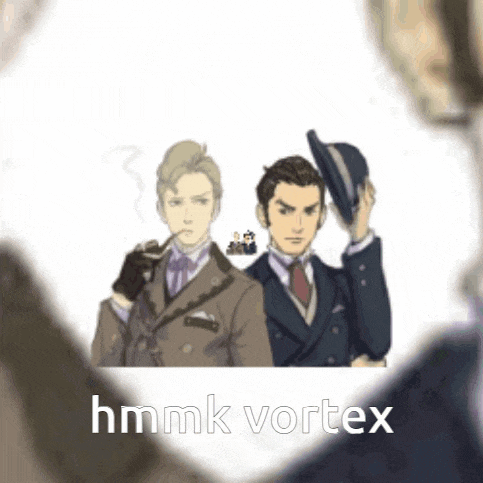 a cartoon of two men standing next to each other with the words hmmk vortex below them .