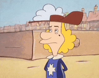 a cartoon character is holding two swords in his hands .