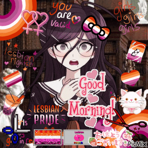 a picture of a girl with the words " good morning " on it