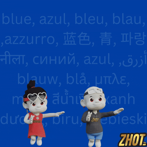 a boy and a girl are standing in front of a blue background that says blue azul bleu