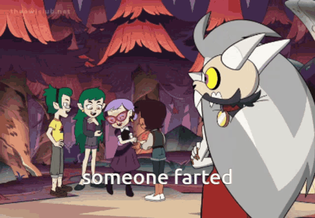 a group of cartoon characters standing next to each other with the caption " someone farted " on the bottom