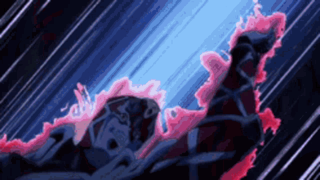 a cartoon character is flying through the air with a blue background and a red flame coming out of his chest .
