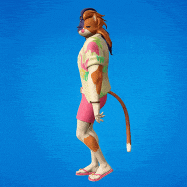 a man with a flamingo shirt and pink shorts is standing in front of a blue background