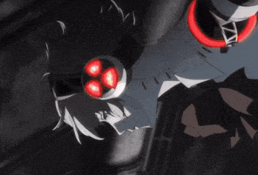 a cartoon character with red eyes and a belt that says a on it