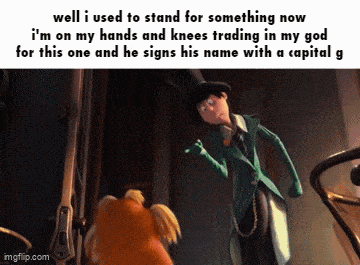 a cartoon of a man in a top hat standing next to a dog