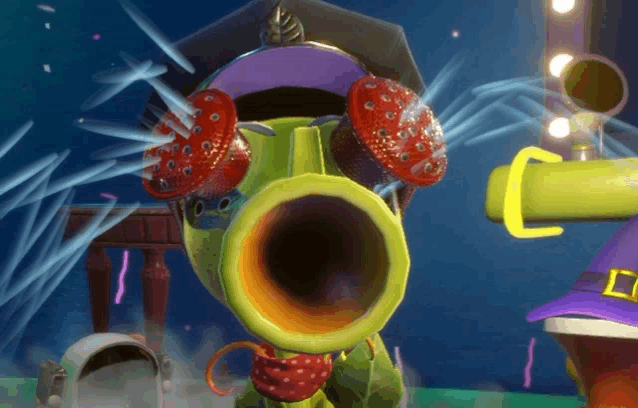 a cartoon character is wearing a purple hat and a green object