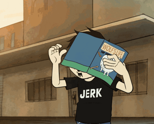 a cartoon of a boy covering his face with a book titled wolf 's life