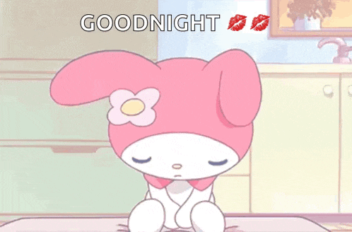 a cartoon of a pink bunny with a flower on its head and two kisses coming out of it .