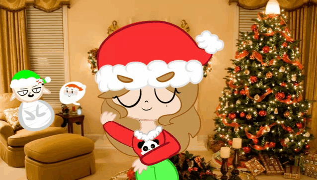 a girl wearing a santa hat is hugging a panda