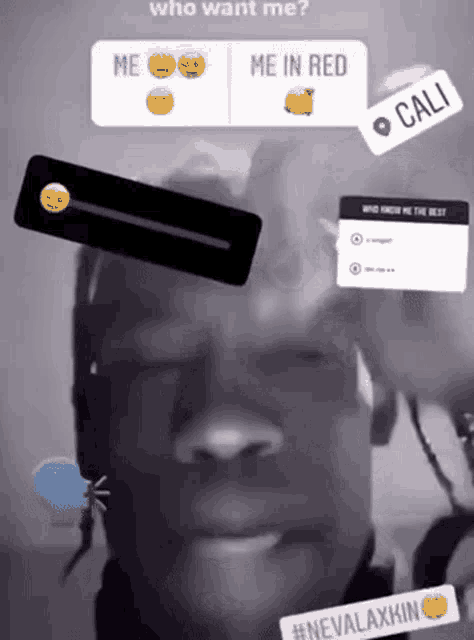 a man wearing headphones is surrounded by stickers that say `` who want me '' and '' me in red '' .