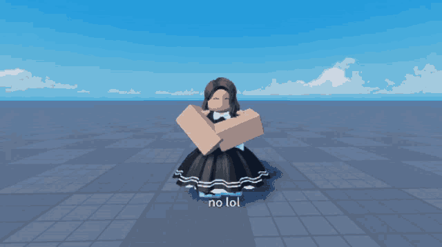 a girl in a black and white dress is standing with her arms crossed and the words no lol below her