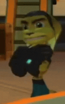 a cartoon character with a black helmet on stands in front of a staircase