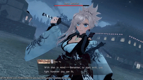 a screenshot of a video game shows a woman holding a sword and says " with that in mind berserker "