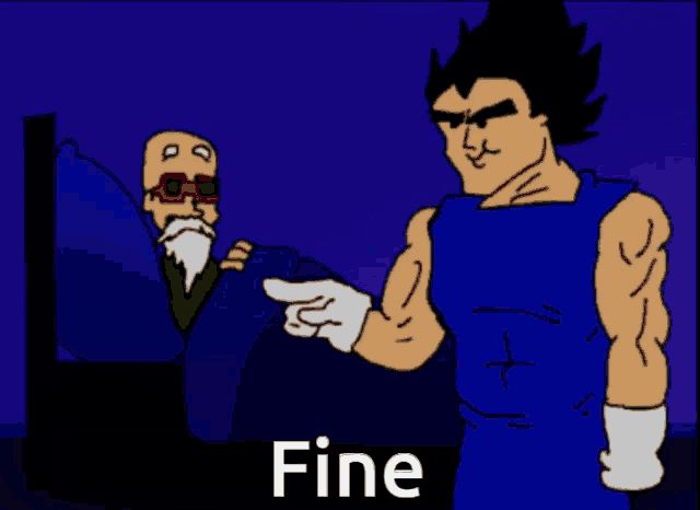 a cartoon of a man in a blue shirt pointing at another man in a bed with the word fine below him