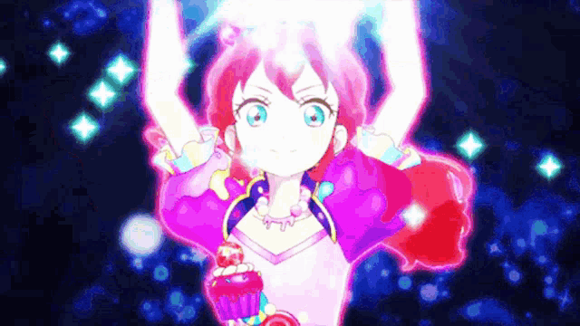 a girl with red hair and blue eyes is dancing with her arms up