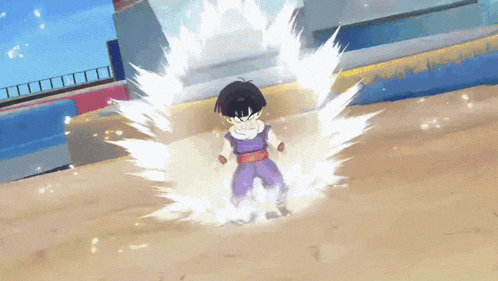 a boy in a purple outfit is surrounded by a white explosion