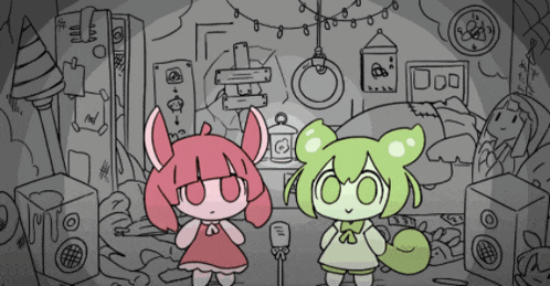 a black and white drawing of a girl and a green girl