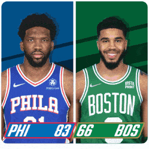 a philadelphia basketball player and a boston basketball player are standing next to each other