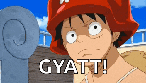 luffy from one piece is wearing a red hat and saying gyatt .