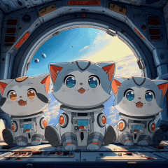 three cartoon cats in space suits are sitting in a space ship