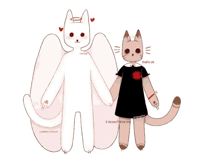 a drawing of a cat with angel wings and a cat in a black dress
