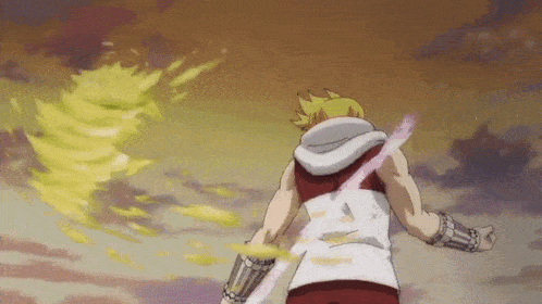 a man in a red and white hoodie is holding a sword in his hand while flying through the air .