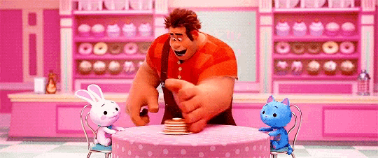 a cartoon character is sitting at a table with two rabbits and a cat