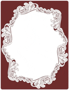 a white frame with swirls and a red background