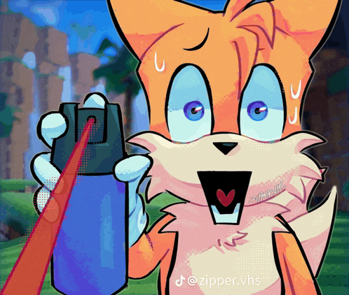 a cartoon drawing of a fox holding a spray can with the hashtag zipper.vhs at the bottom