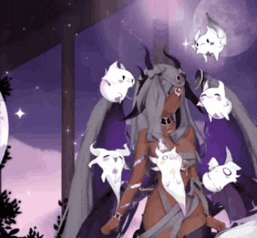 a cartoon drawing of a woman with horns and wings surrounded by ghosts