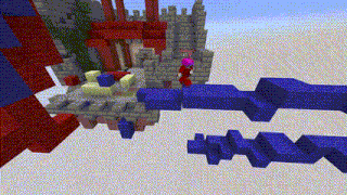 a screenshot of a minecraft game with a castle in the background and a person standing on a blue block