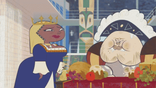 a cartoon of a woman with a crown standing next to a man with a hat
