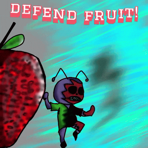a cartoon of an ant holding a strawberry with the words defend fruit written above it