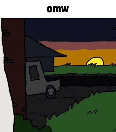 a cartoon drawing of a sunset with the word omw above it