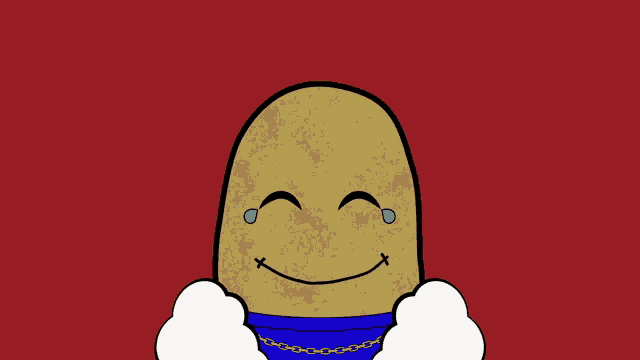 a cartoon drawing of a smiling potato with tears coming out of its eyes