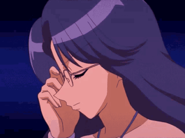 a woman with long purple hair is wearing glasses and covering her eyes