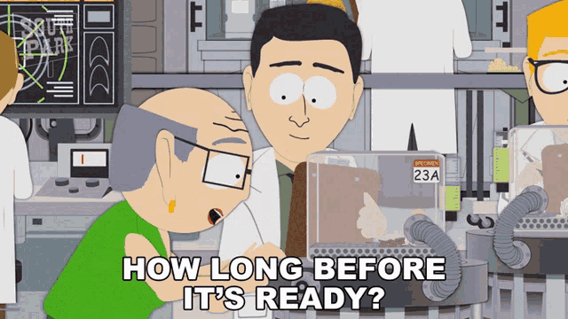 a cartoon says how long before it 's ready with two men looking at a box