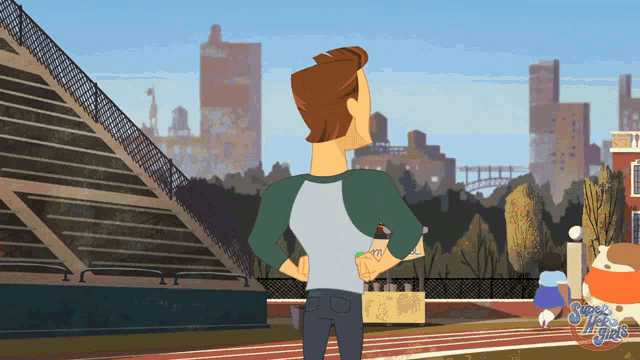 a cartoon of a man standing in front of a stadium with the words super hero girls on the bottom