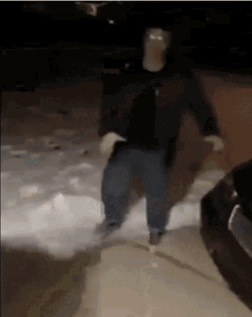a man in a black jacket and jeans is standing in the snow