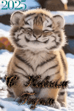 a tiger cub sitting in the snow with the year 2025