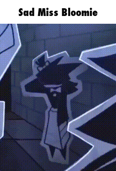 a cartoon character is standing in a dark room with the words `` sad miss bloomie '' below him .