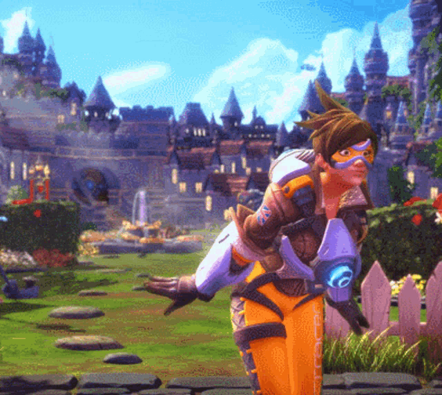 a video game character is standing in a field with a castle in the back