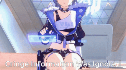a girl is sitting in front of a computer with the words " cringe information was ignored " above her
